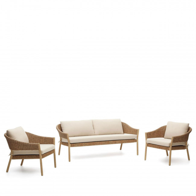 Pola - Salon de jardin 1 canapé, 2 fauteuils en bois massif et polyrotin