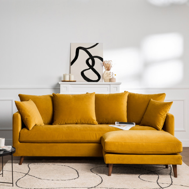 Villabon - Canapé convertible 4 places en velours pieds bois foncé