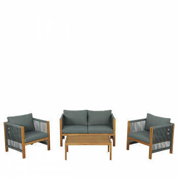 Reem - Salon de jardin 1 canapé, 2 fauteuils et 1 table basse en bois d'acacia et corde