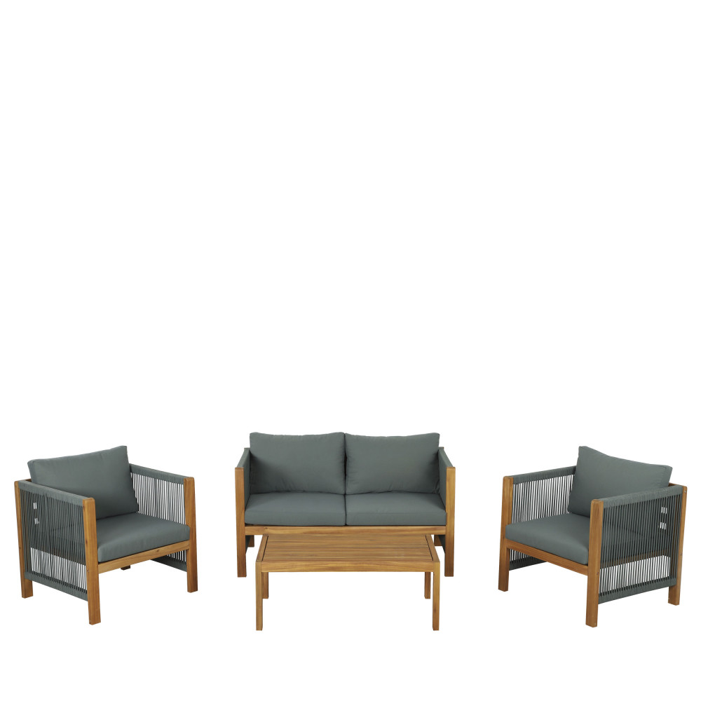 Reem - Salon de jardin 1 canapé, 2 fauteuils et 1 table basse en bois d'acacia et corde - Couleur - 