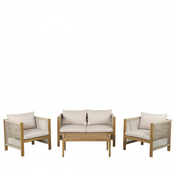 Reem - Salon de jardin 1 canapé, 2 fauteuils et 1 table basse en bois d'acacia et corde