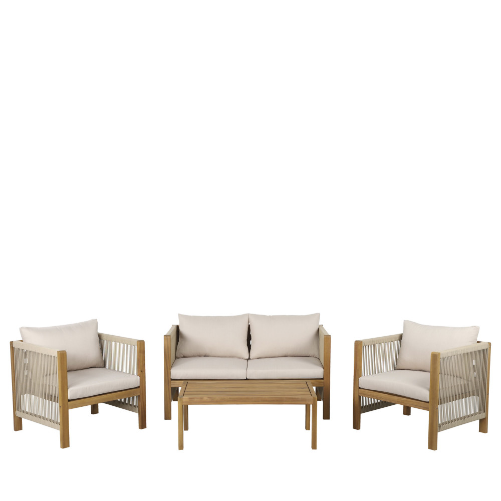 reem - salon de jardin 1 canapé, 2 fauteuils et 1 table basse en bois d'acacia et corde - couleur - beige