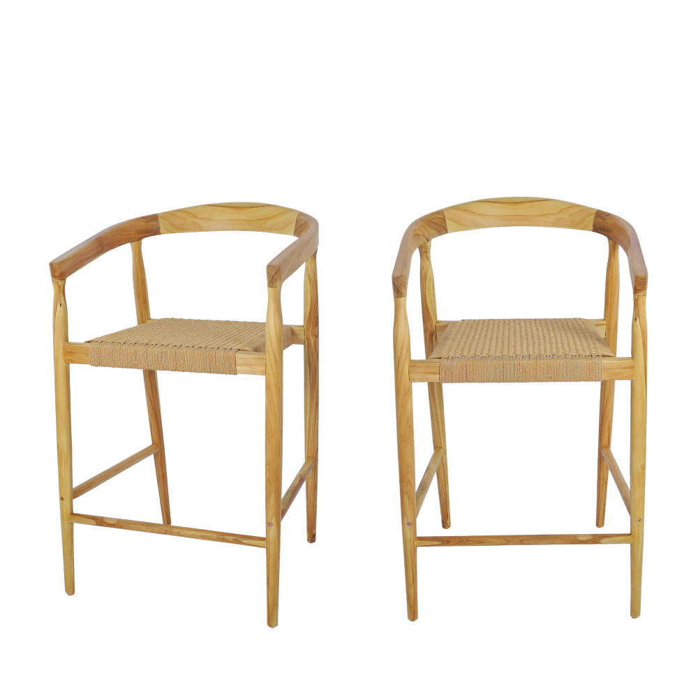 buri - lot de 2 fauteuils de bar en teck et corde tressé h65cm - couleur - bois clair