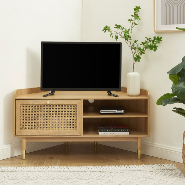 Bombong - Meuble tv d'angle en bois et cannage L120cm