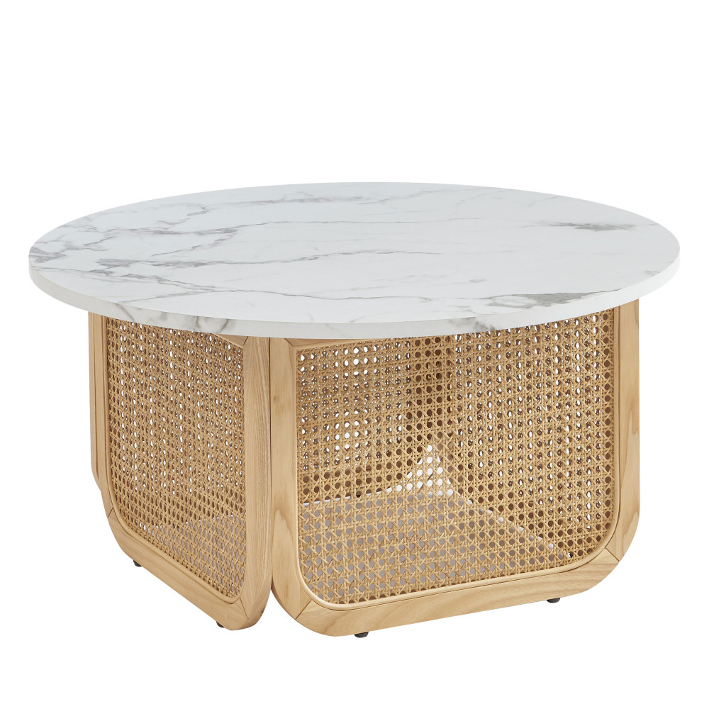 Bombong - Table basse ronde effet marbre et cannage ø80cm - Couleur - Marbre blanc