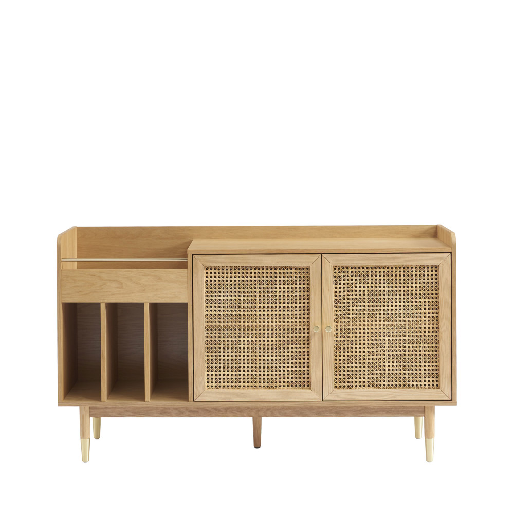 Bombong - Buffet avec rangement pour vinyles en bois et cannage L140cm - Couleur - Bois clair