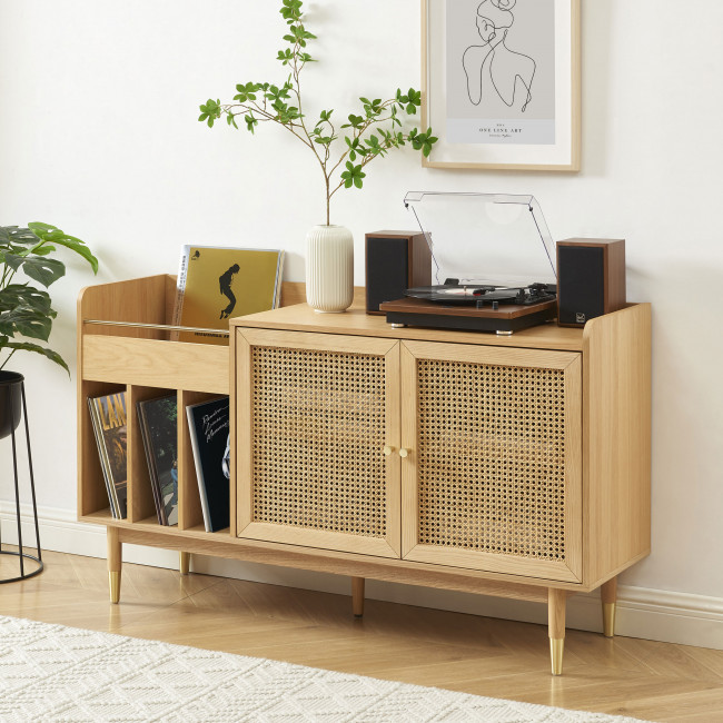 Bombong - Buffet avec rangement pour vinyles en bois et cannage L120cm