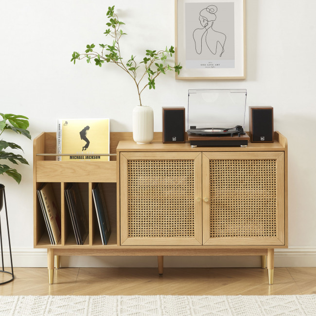 Bombong - Buffet avec rangement pour vinyles en bois et cannage L120cm