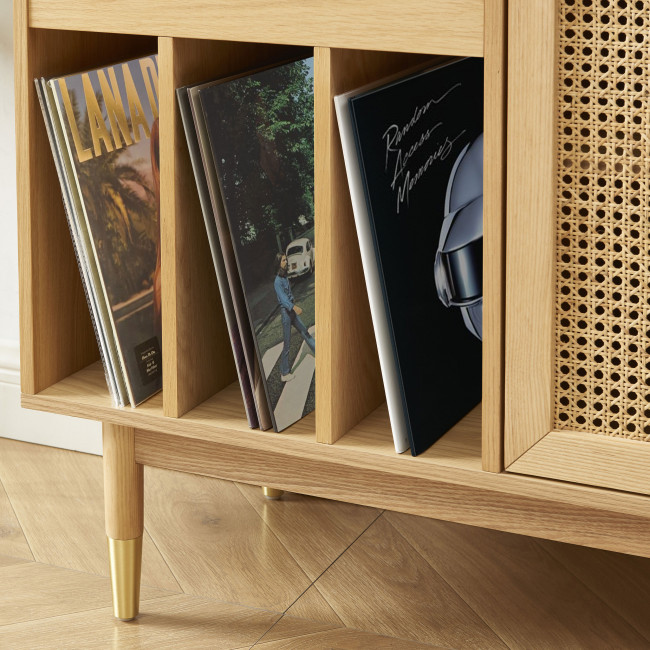 Bombong - Buffet avec rangement pour vinyles en bois et cannage L120cm