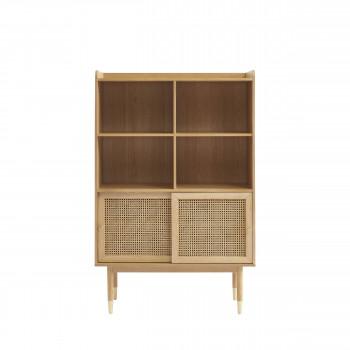 Bombong - Bibliothèque 2 portes, 4 niches en bois et cannage H152cm