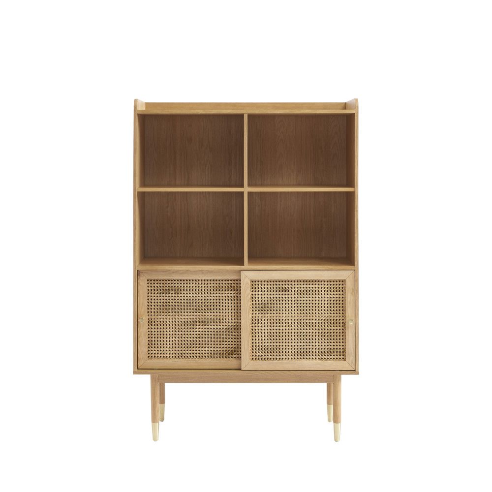 Bombong - Bibliothèque 2 portes, 4 niches en bois et cannage H152cm - Couleur - Bois clair