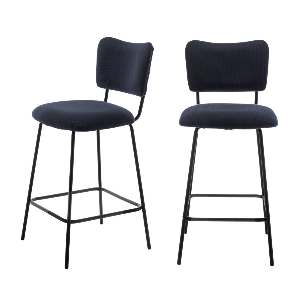 vander - lot de 2 chaises de bar en velours côtelé et métal 65cm - couleur - ardoise