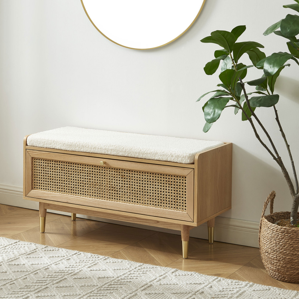 Banc d'entrée avec rangement chaussures en bois et cannage L100cm