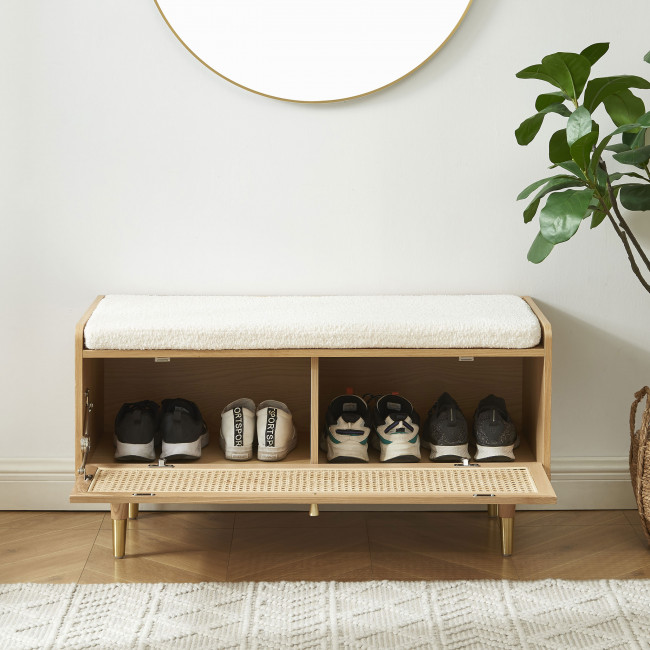 Bombong - Banc d'entrée avec rangement chaussures en bois et cannage L100cm
