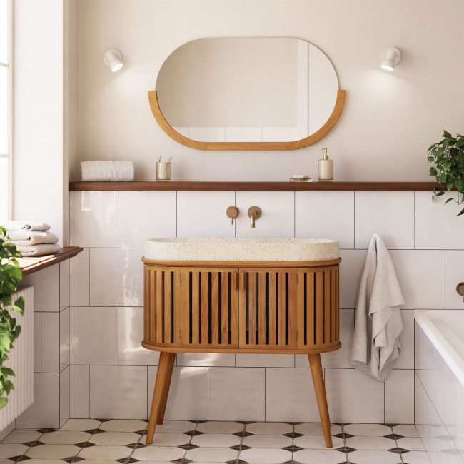 Rokia - Meuble de salle de bain 2 portes en bois avec vasque en terrazzo 90x80cm