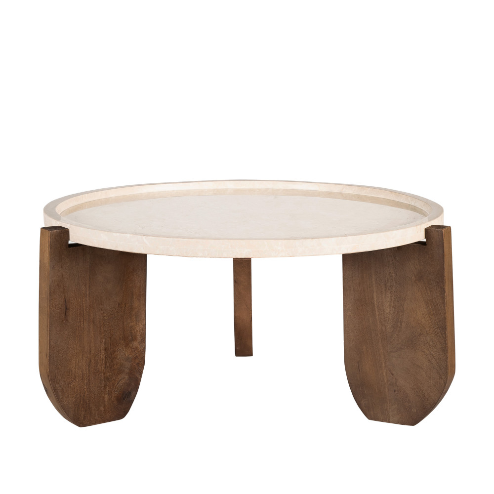 Nador - Table basse en marbre et bois massif ø80cm - Couleur - Ivoire