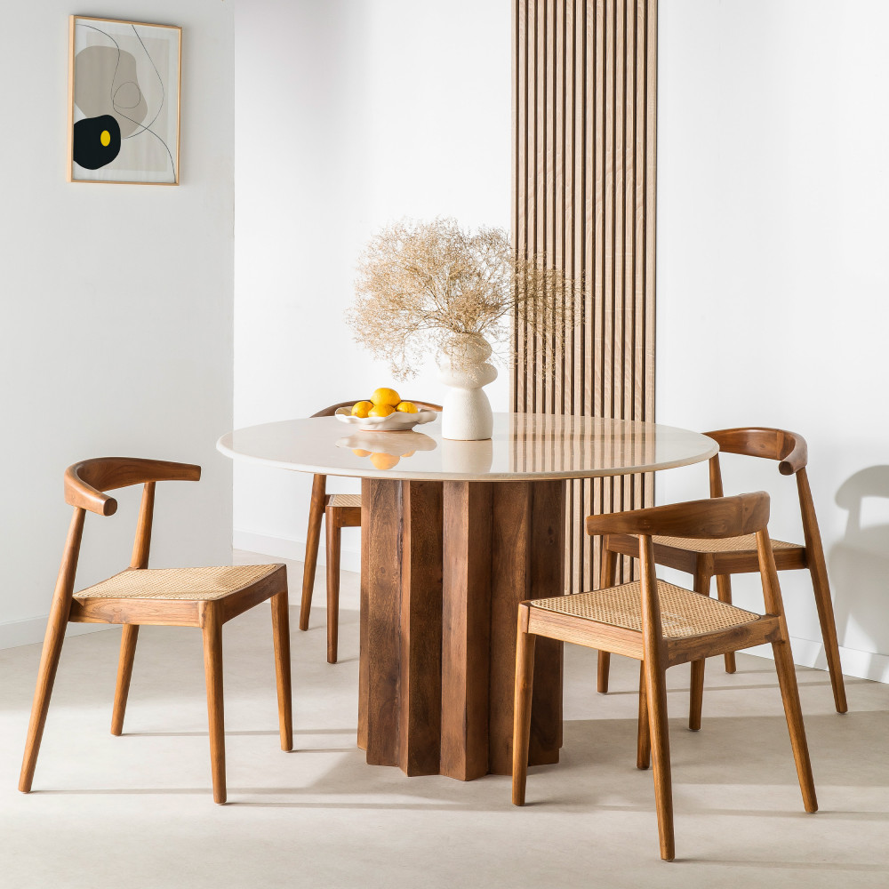 Petite table ronde en bois massif de manguier et pied métal pour salle à  manger