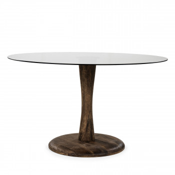 Boogie - Table à manger ronde en verre et bois de manguier ø130cm