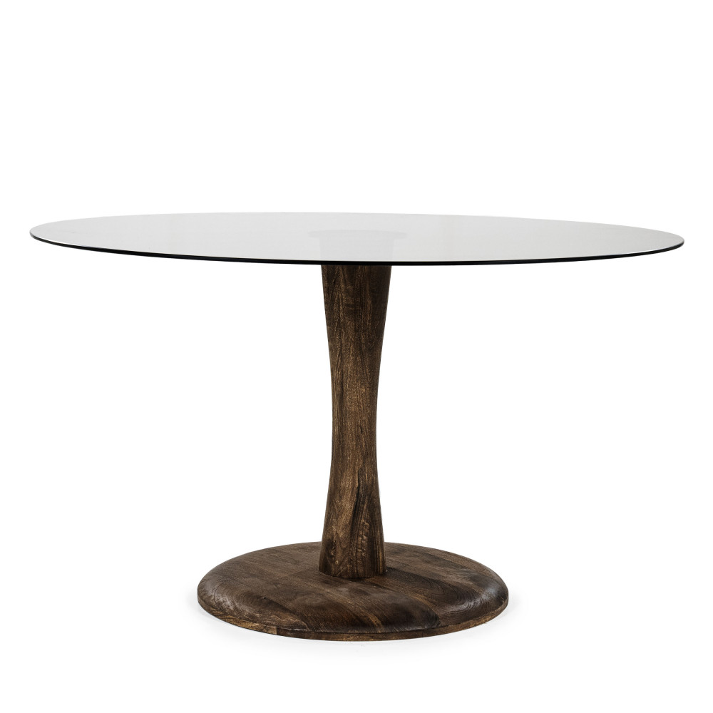 Boogie - Table à manger ronde en verre et bois de manguier ø130cm - Couleur - Bois foncé