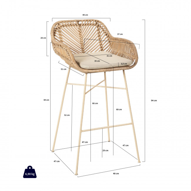 Nunuhai - Lot de 2 tabourets de bar en rotin pieds beige 68cm