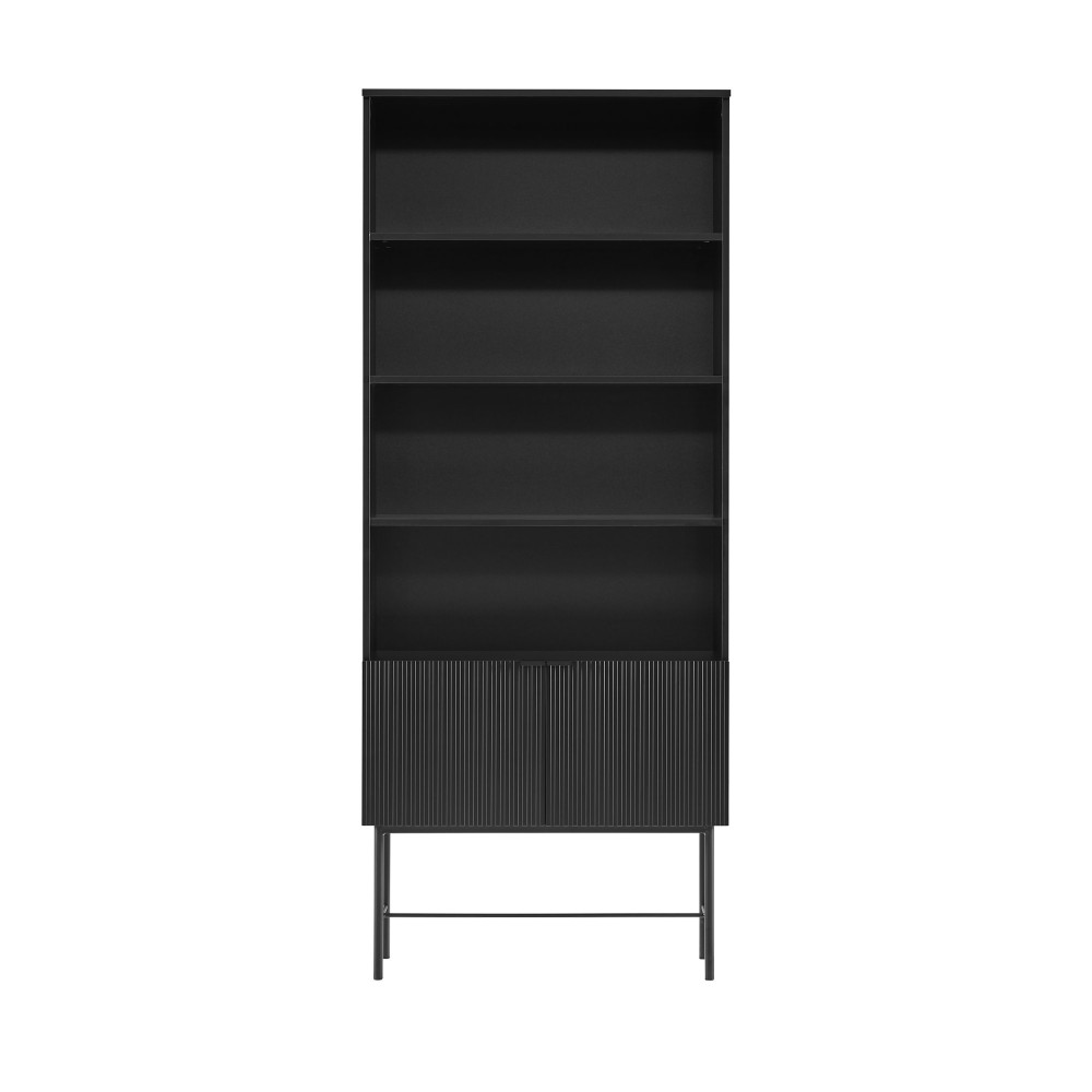 Molly - Bibliothèque 4 niches, 2 portes en bois et métal H200cm - Couleur - Noir