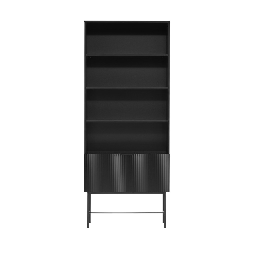 Molly - Bibliothèque 4 niches, 2 portes en bois et métal H200cm - Couleur - Noir