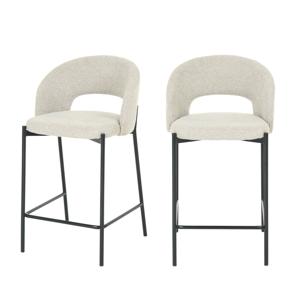 Soren - Lot de 2 chaises de bar en tissu bouclette et métal 65cm - Couleur - Écru chiné