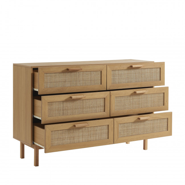 June - Commode 6 tiroirs en bois et cannage L130cm