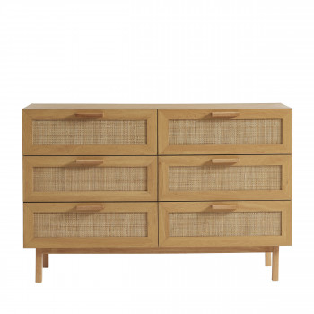 June - Commode 6 tiroirs en bois et cannage L130cm
