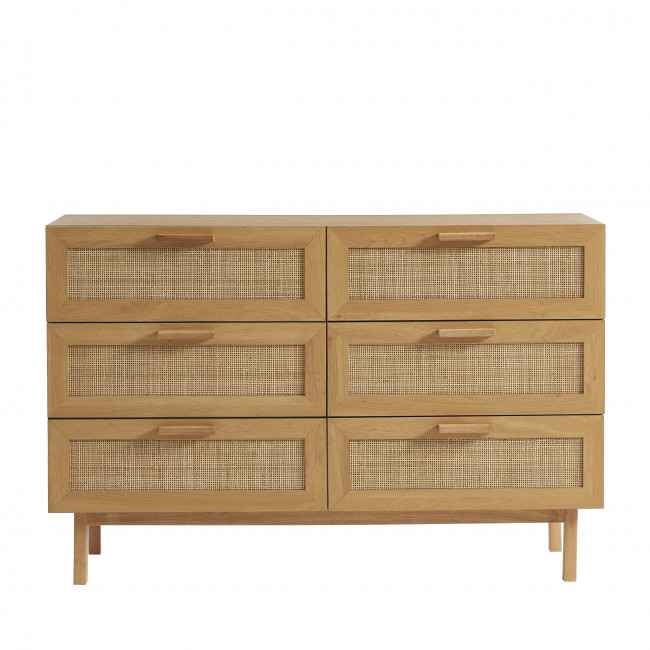 June - Commode 6 tiroirs en bois et cannage L130cm