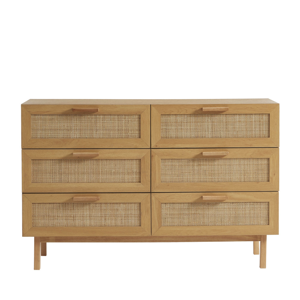 june - commode 6 tiroirs en bois et cannage l130cm - couleur - bois clair