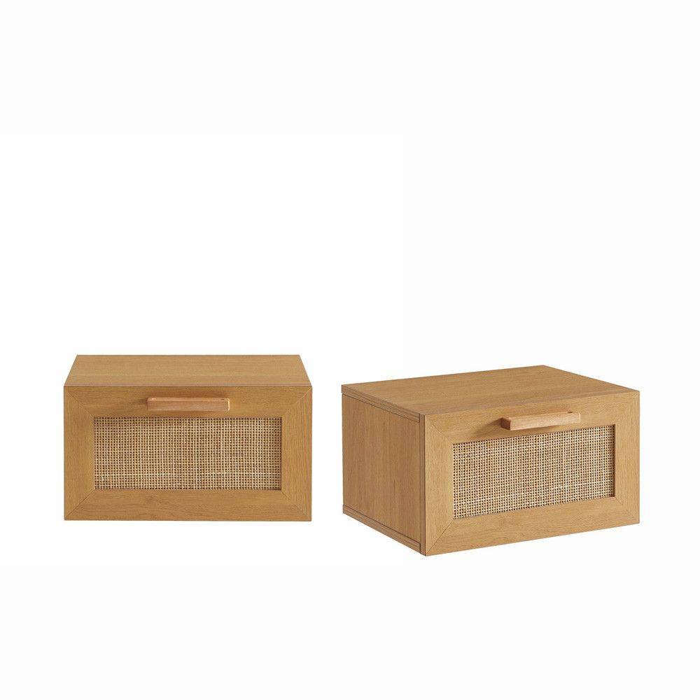 June - Lot de 2 tables de chevet murales avec rangement en bois et cannage - Couleur - Bois clair