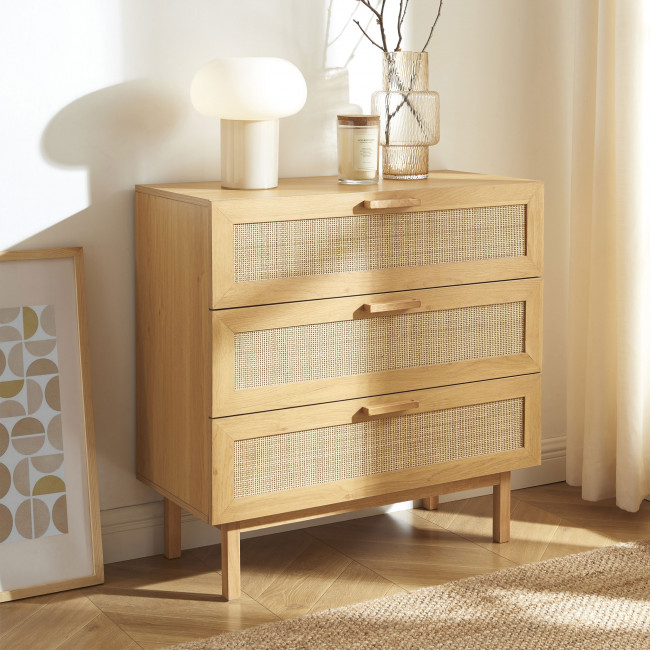 June - Commode 3 tiroirs en bois et cannage L85cm