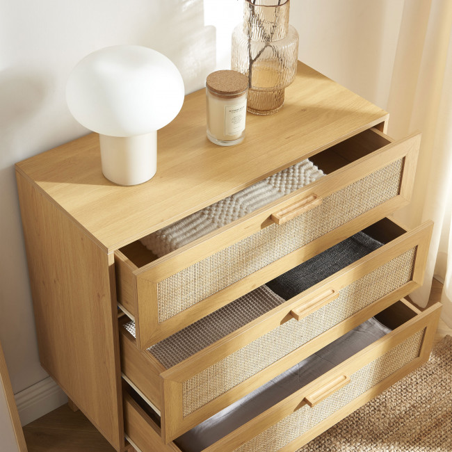 June - Commode 3 tiroirs en bois et cannage L85cm