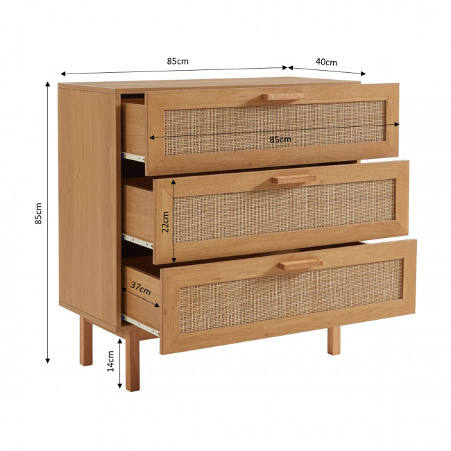 June - Commode 3 tiroirs en bois et cannage L85cm