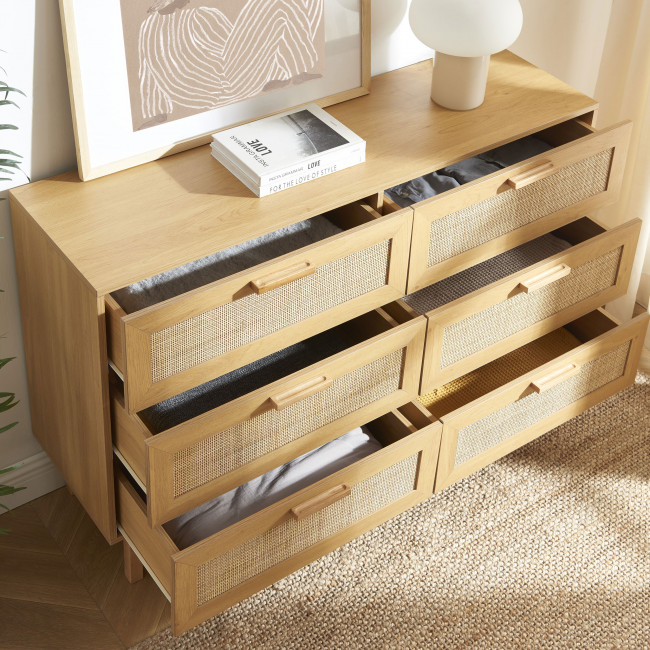 June - Commode 6 tiroirs en bois et cannage L130cm