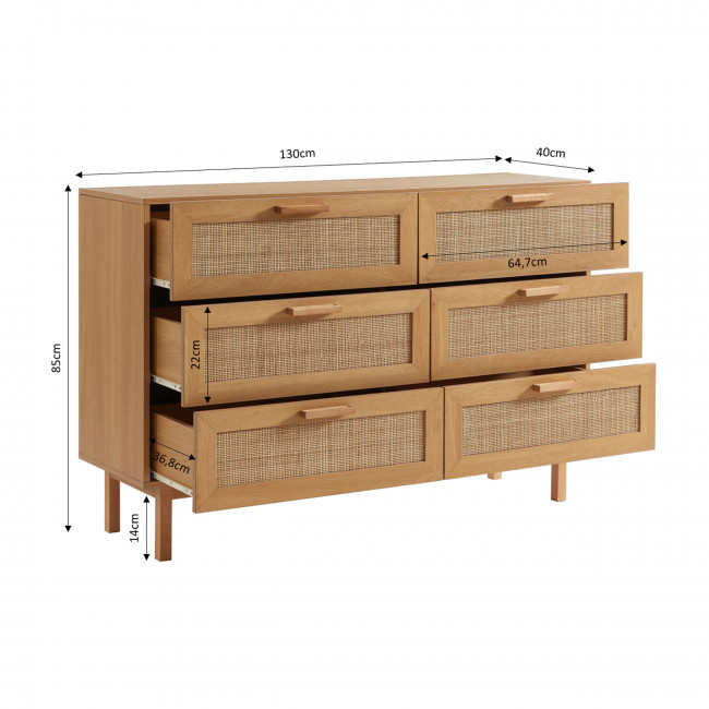 June - Commode 6 tiroirs en bois et cannage L130cm