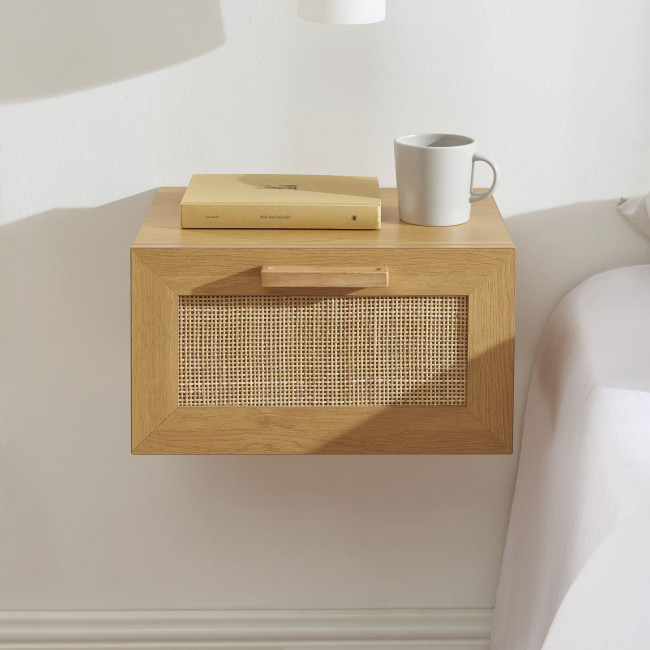 June - Lot de 2 tables de chevet murales avec rangement en bois et cannage