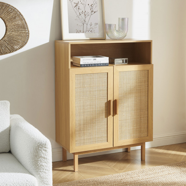 June - Meuble à chaussures 2 portes 1 niche en bois et cannage L80cm