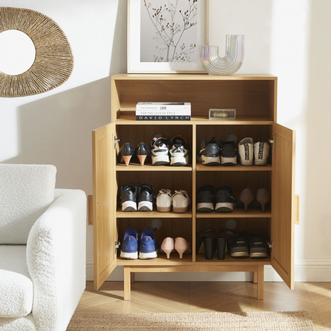 June - Meuble à chaussures 2 portes 1 niche en bois et cannage L80cm