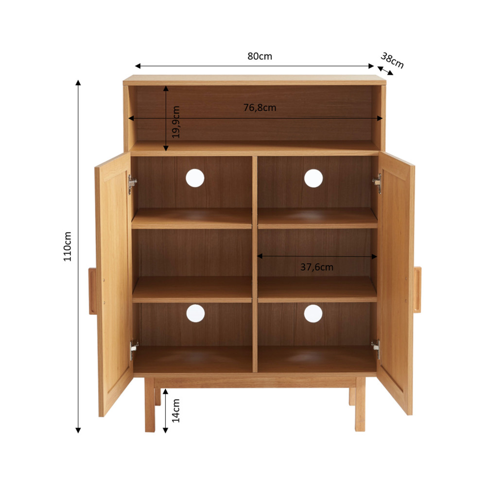 Meuble à chaussures 2 portes 1 niche en bois et cannage L80cm