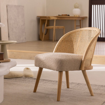 Candice - Fauteuil en tissu bouclette et rotin