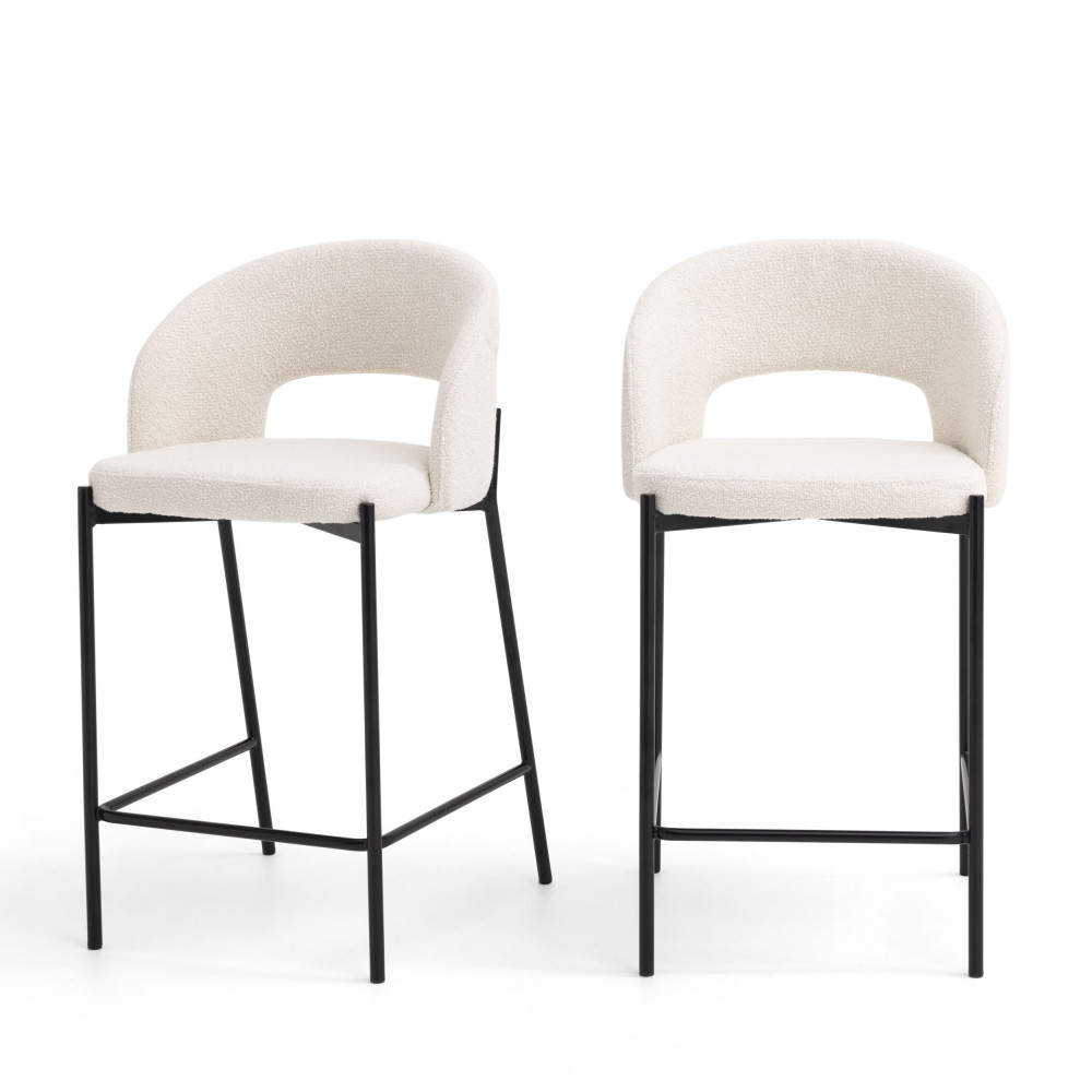 soren - lot de 2 chaises de bar en tissu bouclette et métal 65cm - couleur - ecru