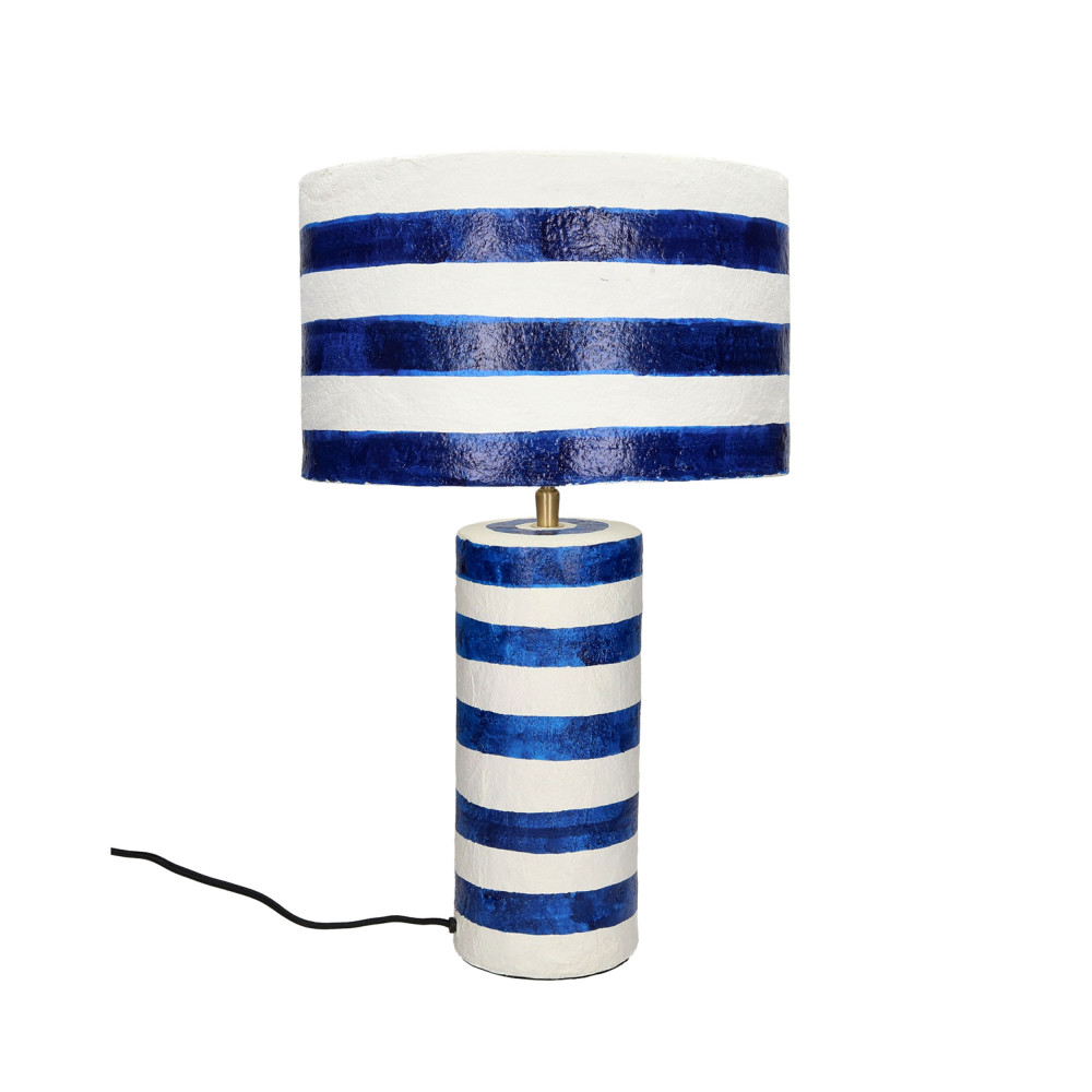 mundaka - lampe à poser en papier à rayures horizontales ø30cm - couleur - blanc et bleu