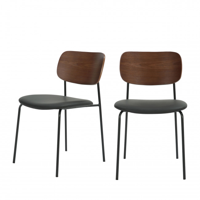 Jens - Lot de 2 chaises en bois foncé, simili et métal