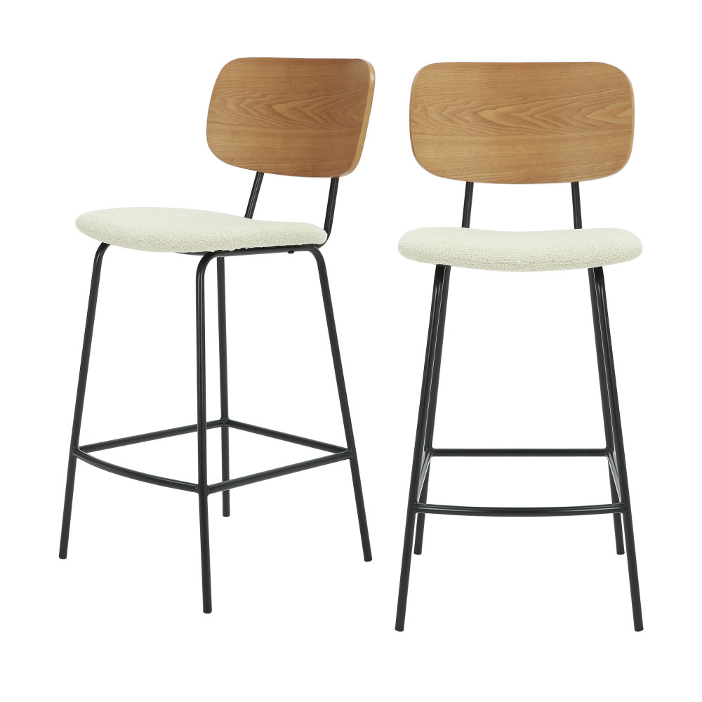 jens - lot de 2 chaises de bar en bois, tissu bouclette et métal h66cm - couleur - ecru