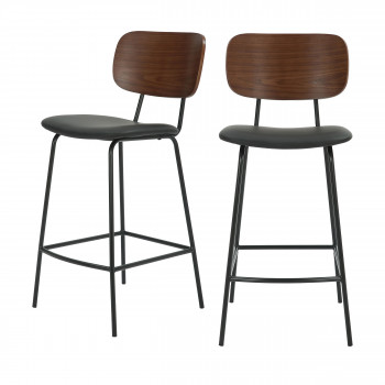 Jens - Lot de 2 chaises de bar en bois foncé, simili et métal H66cm