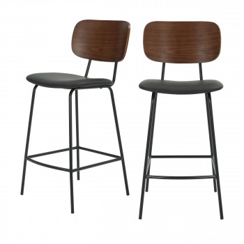 Jens - Lot de 2 chaises de bar en bois foncé, simili et métal H66cm