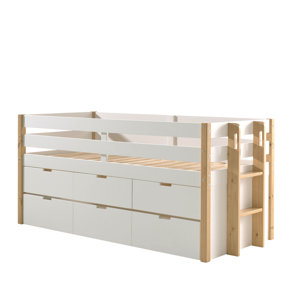 tourco - lit enfant banquette 4 tiroirs en bois 90x200cm - couleur - blanc et bois clair