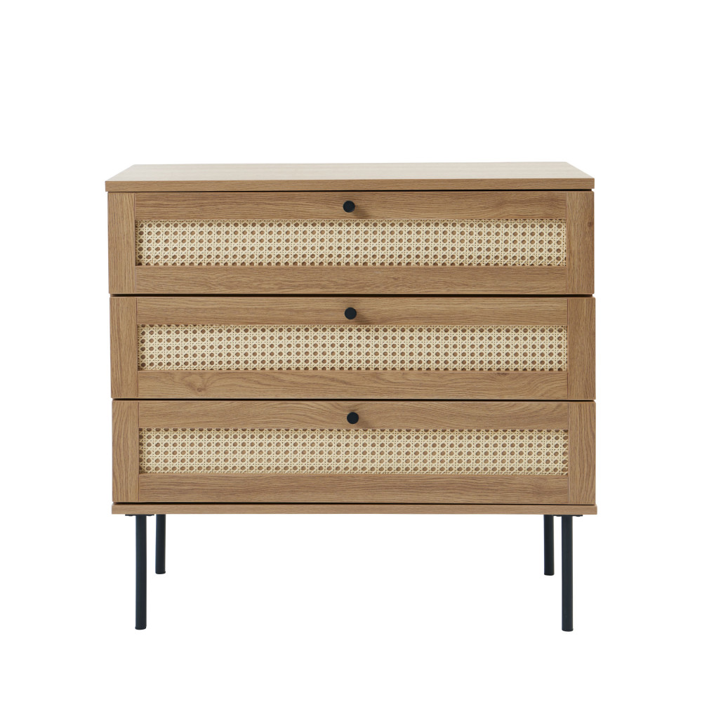 rinto - commode 3 tiroirs en bois et métal l80cm - couleur - bois clair